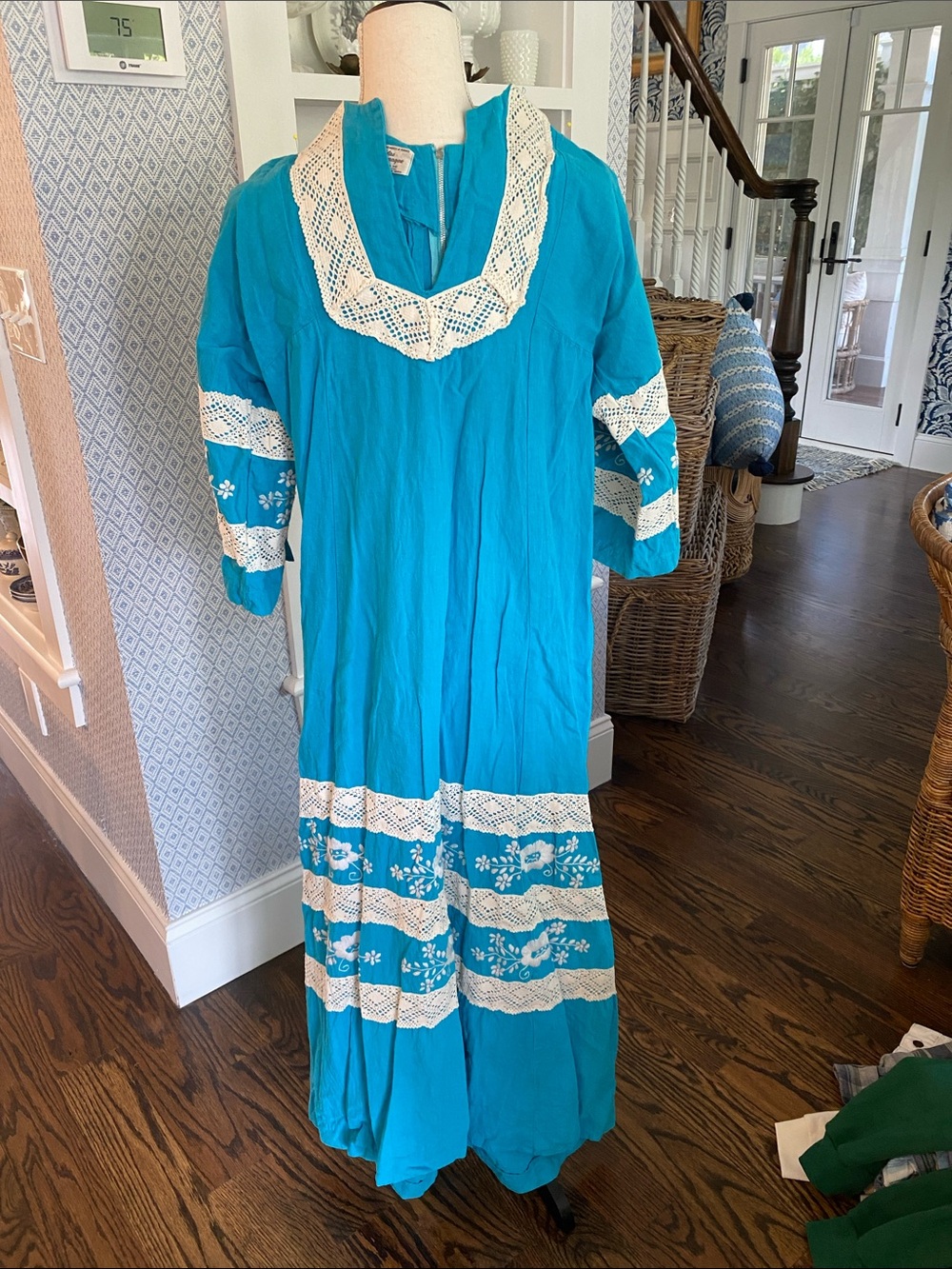 Vintage Telas Tlaquepaque Hand-Embroidered Turquoise Dress